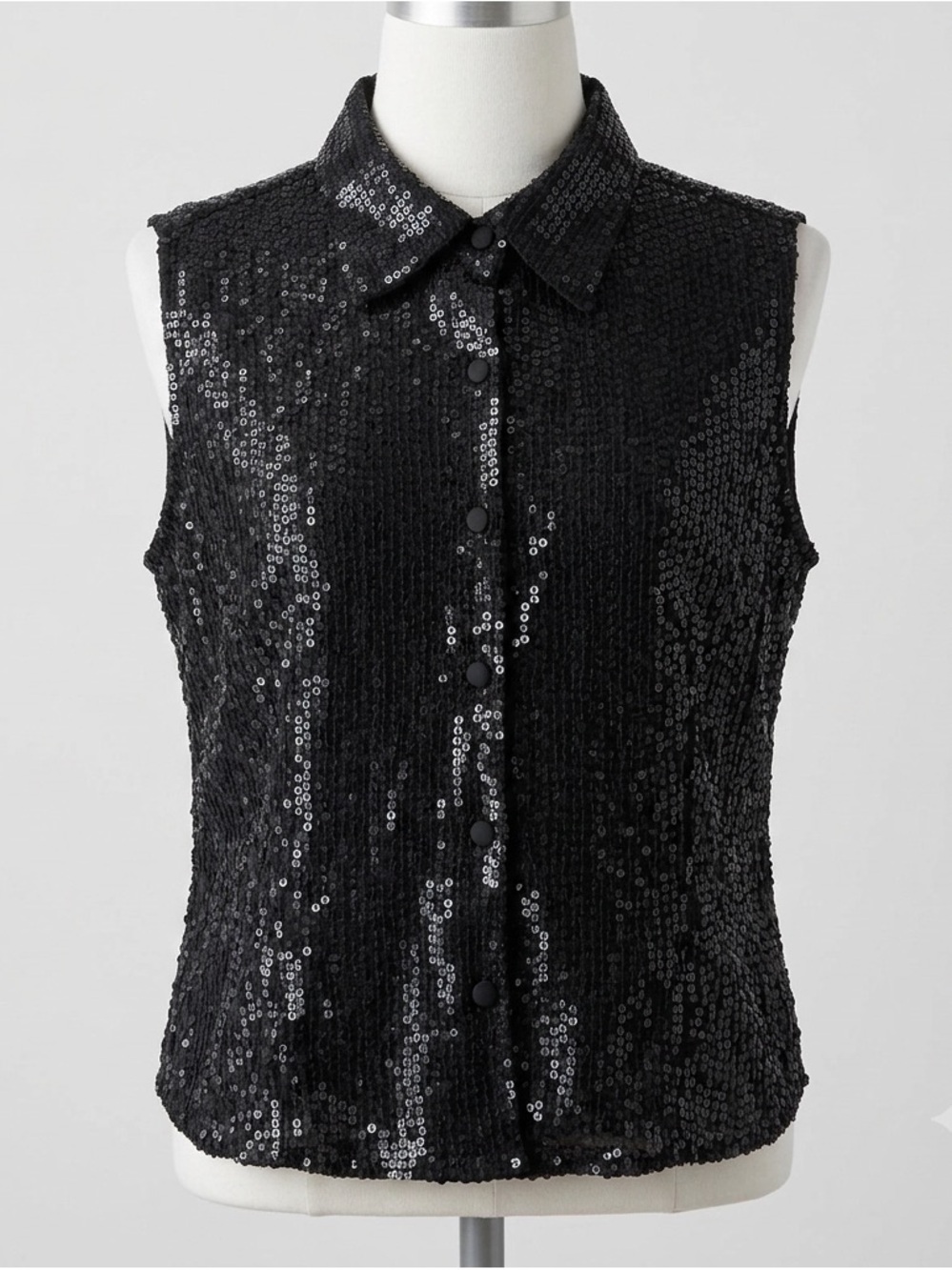 Vintage Spenser Jeremy 100% Silk Black Sequin Button Front Vest Top Size 10